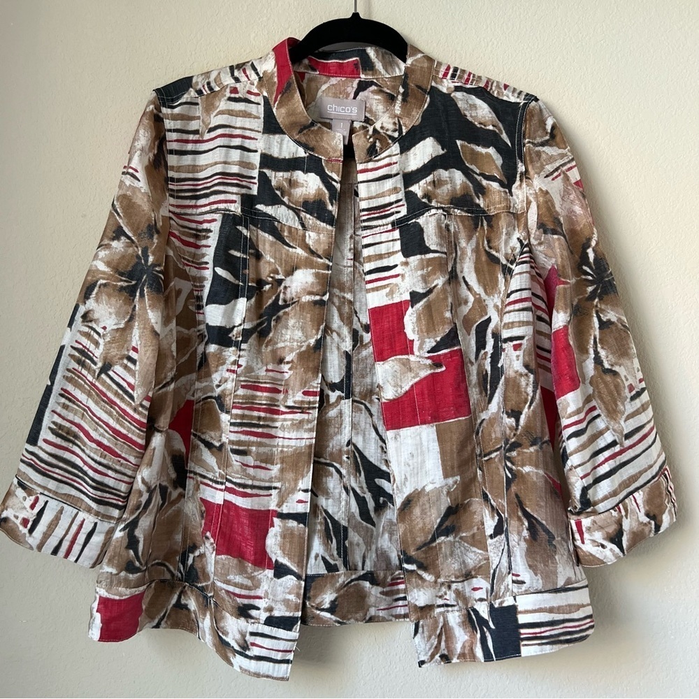 Chico's Open Front Floral Red Black Brown Shimmery Blazer Jacket, size 1